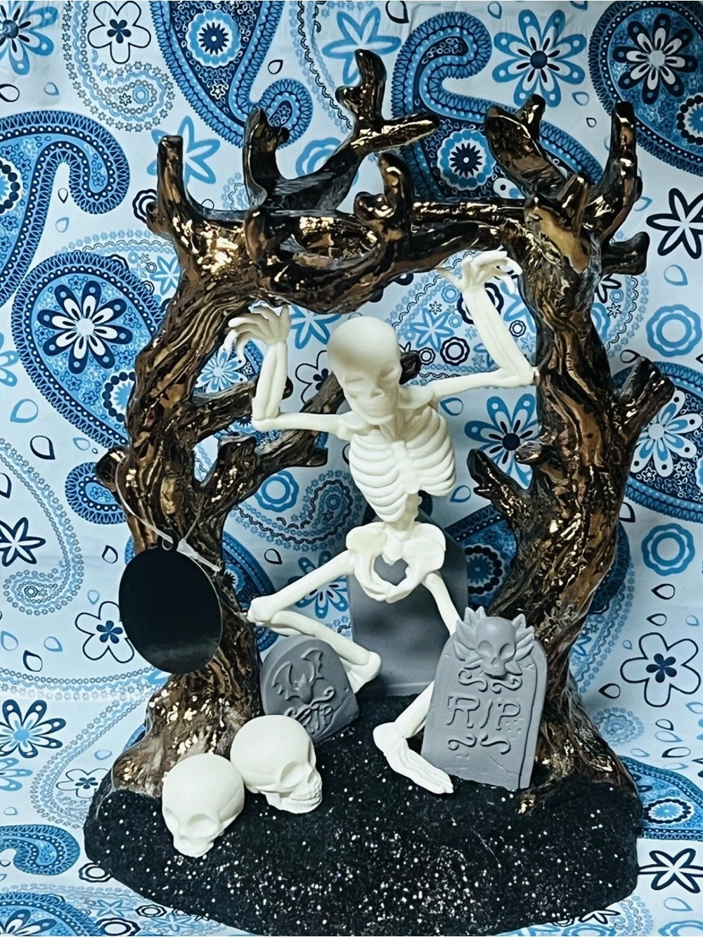 Halloween Skeleton Graveyard Figurine Bath & Body 3 wick candle holder